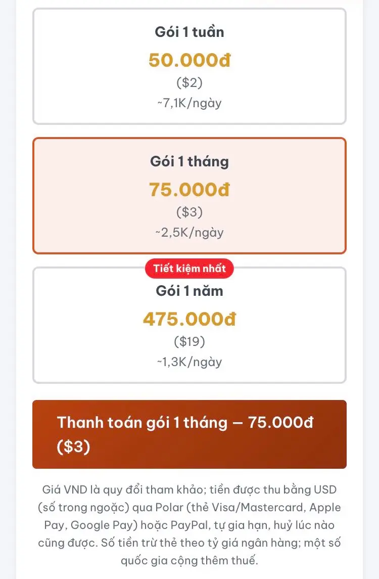 Chọn gói rồi bấm Thanh toán