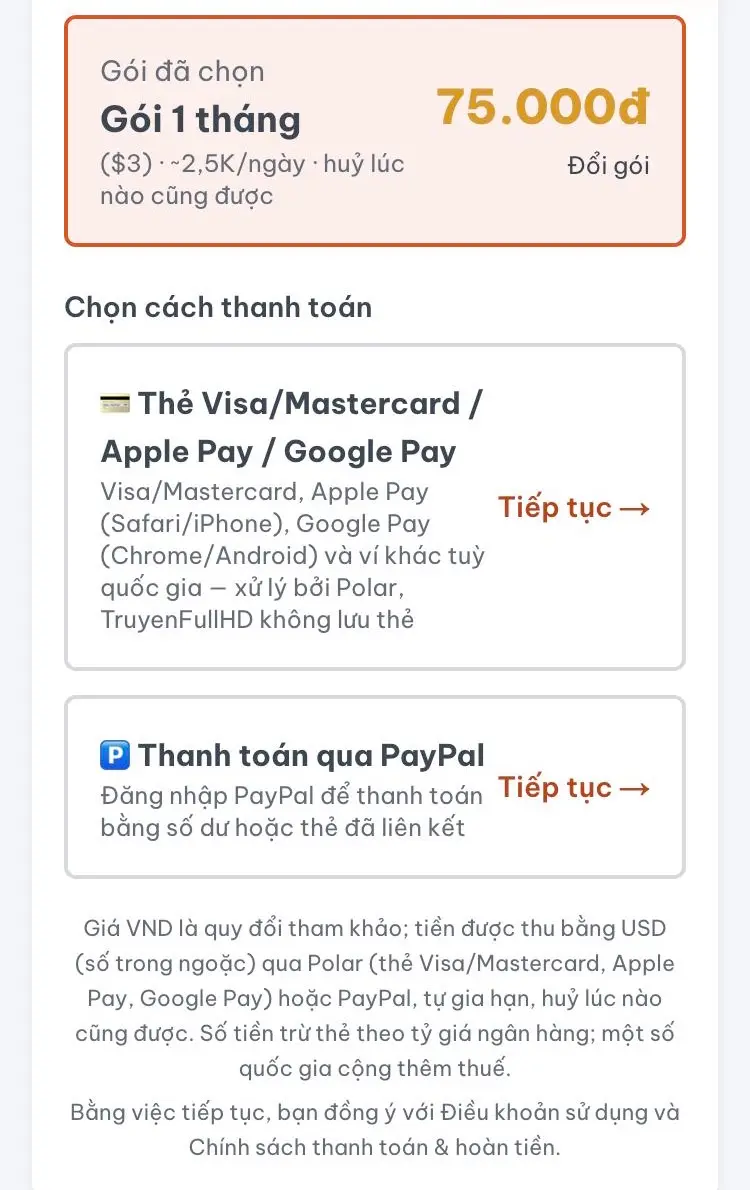 Chọn Thẻ · Apple Pay · Google Pay (Polar) hoặc PayPal