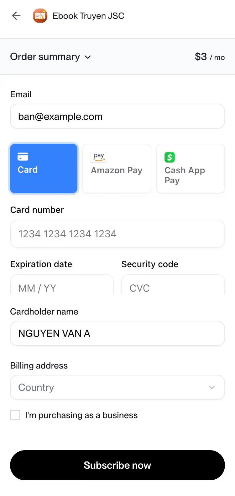 Trang thanh toán Polar: nhập email, thẻ rồi bấm Subscribe now